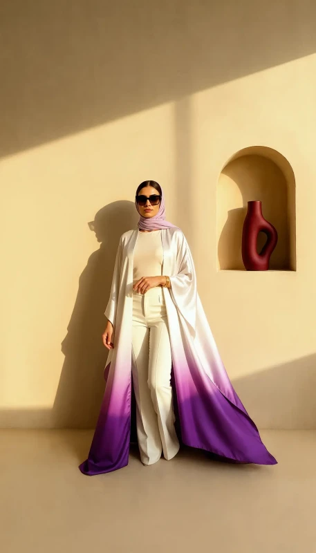 Long gradient silk kimono with cape-style drape - premium modest outerwear UAE