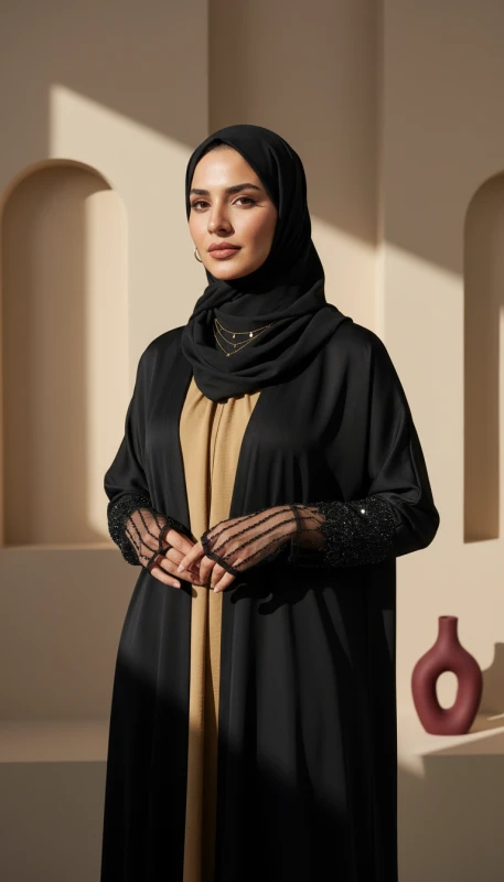 Luxury black kimono abaya styled with hijab - elegant modest fashion Dubai