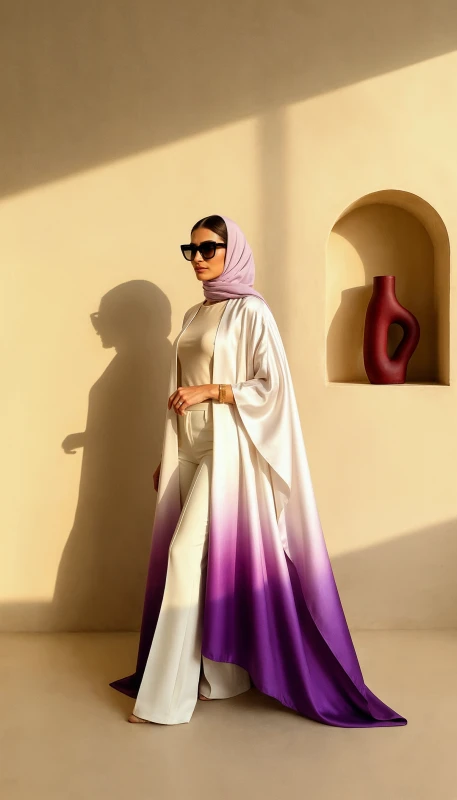 Purple ombre silk kimono flowing silhouette - elegant modest fashion UAE